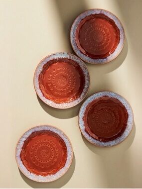 ANTHROPOLOGIE Old Havana Bread Plates Set 4 Terracotta Embossed Ceramic NWT